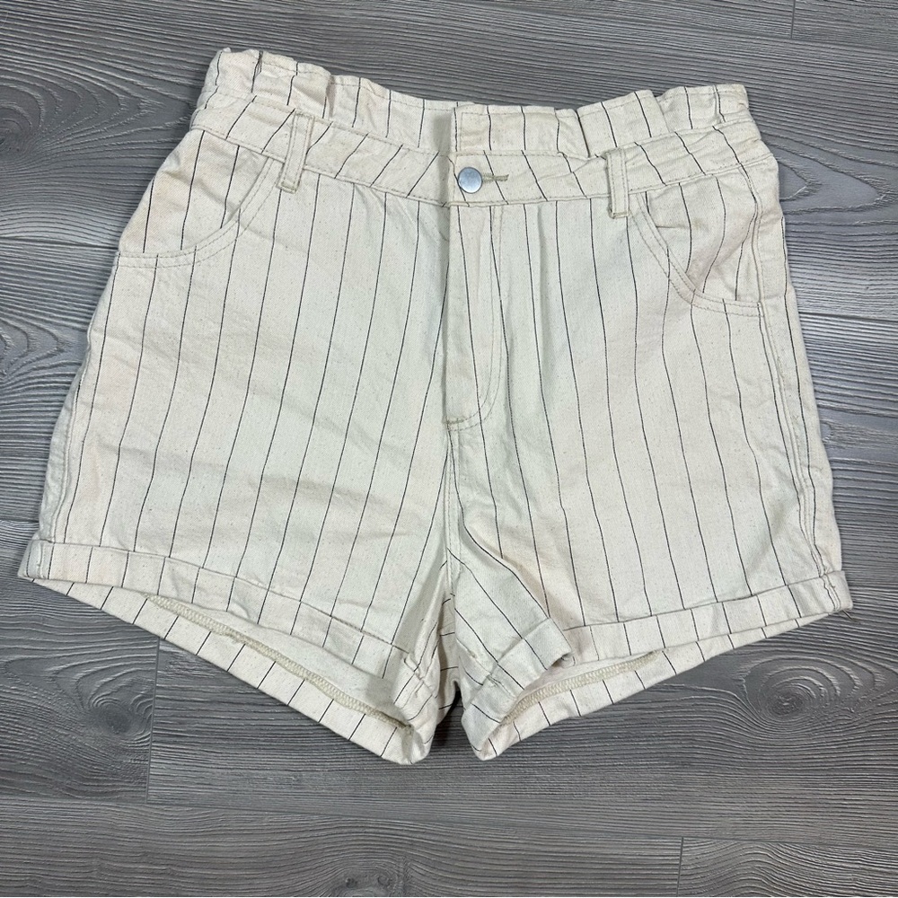Princess Polly Paperbag Waist Striped Shorts Beige Linen Blend Size 8 Summer